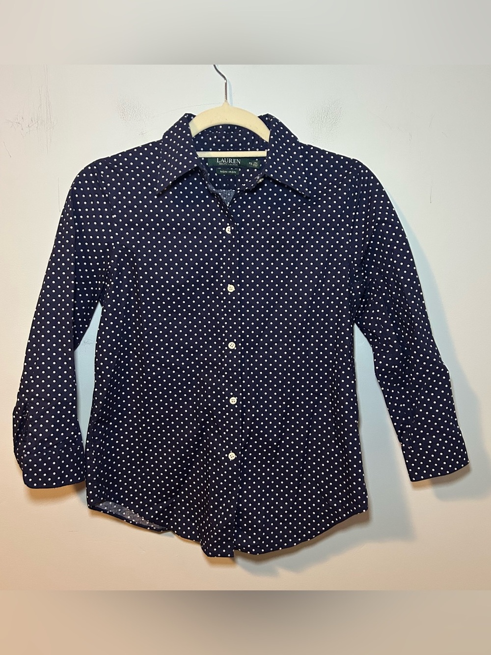Lauren Ralph Lauren Blue & White Polka Dot Button Down Long Sleeve Top PSmall